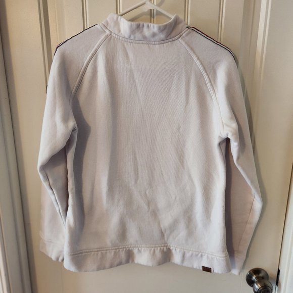Super Comfy White Roxy Sweatshirt with Striped Sleeves and Front Zipper Pocket - Picture 2 of 5